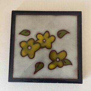 Texeramics Tile Trivet Glazed Red Clay MCM Muted Yellow Olive Green Pink Floral